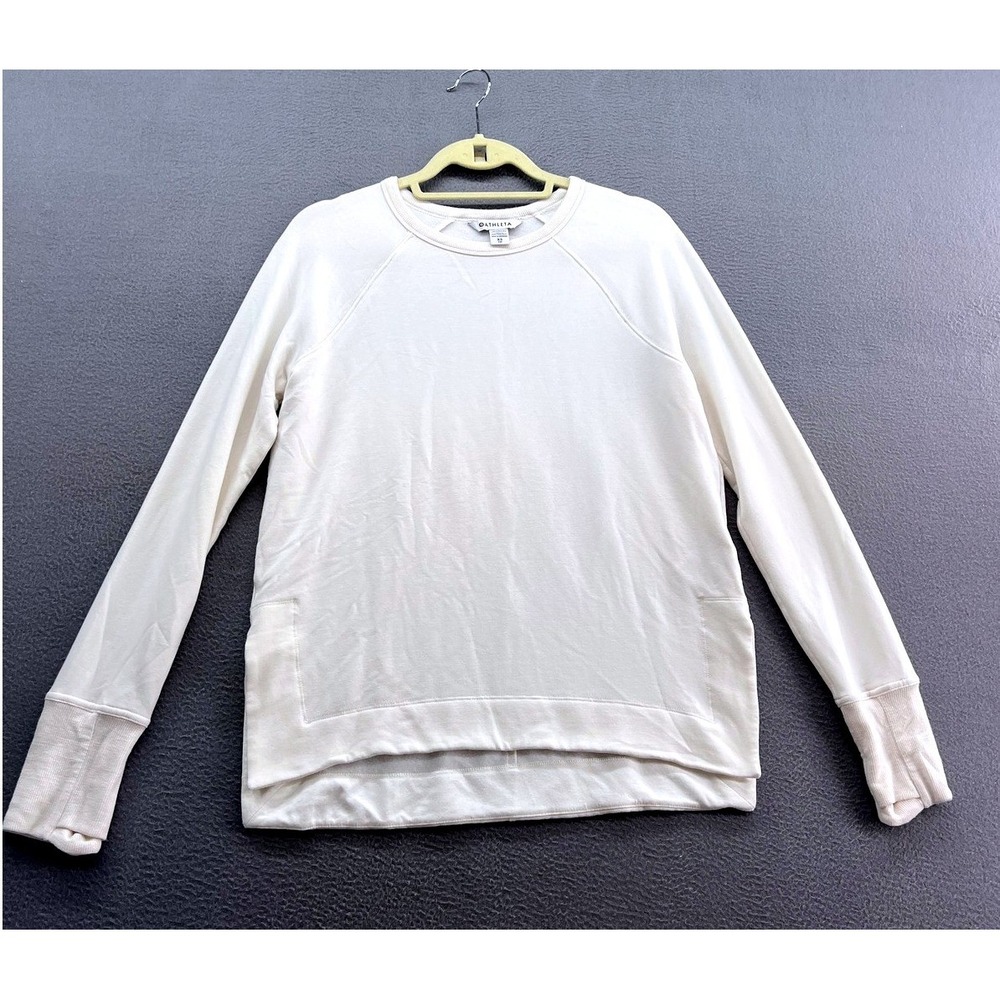 Athleta Sweatshirt Womens XS White Pullover Lightweight Thumb Holes Pockets 9346